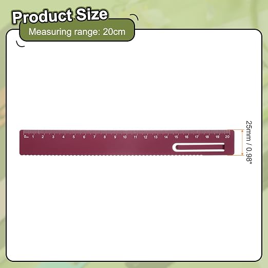 HARFINGTON Straight Ruler 20cm Metric Metal Aluminum Alloy Measuring Bookmark Clip Ruler Scale Tool for Measure Study Reading Classroom Office, Dark Red