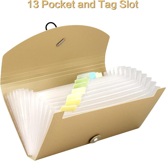Oak-Pine 13 Pocket Receipt Folder/Expanding Coupon Currency Organizer with Label/Plastic Check Bill File Storage/Small Accordion Card Ticket Holder Wallet for Office Home (Khaki)
