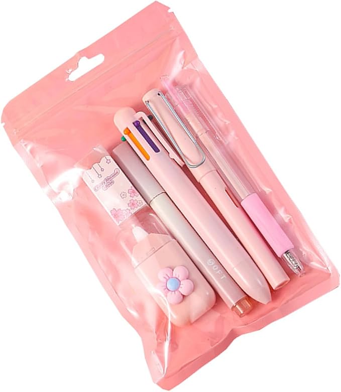 6Pcs Stationeries Set with Retractable Gel Pen Multicolored Pen Eraser Pencil Marker White Out Correction Tape Supplies