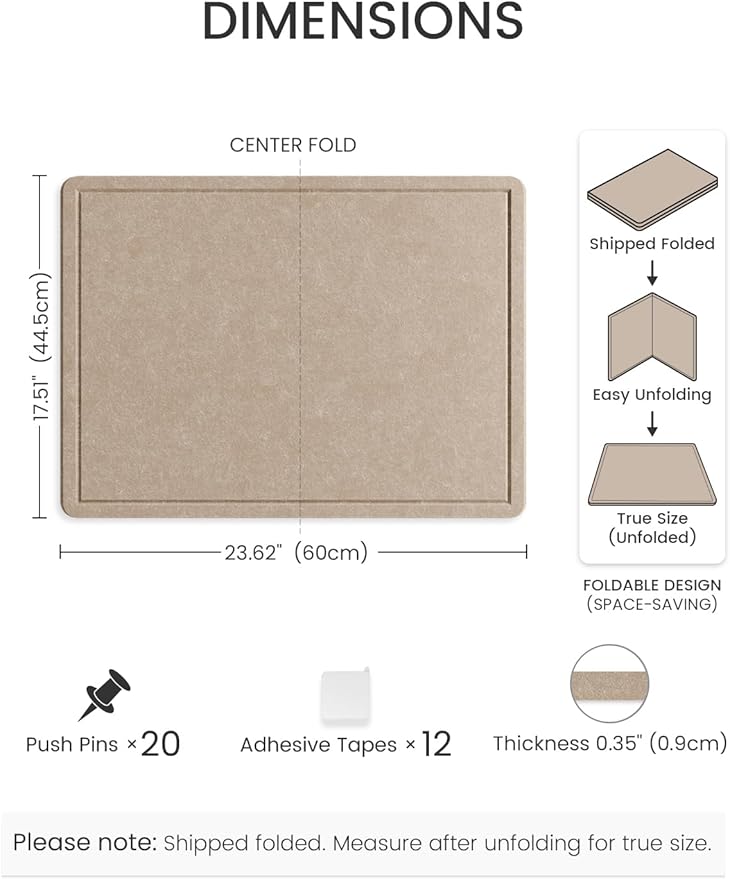 Fluxynara Bulletin Board, 23.6" x 17.5" Cork Board Alternative with 12 Safe Removable Adhesive Tabs, Foldable Felt Pin Board for Home Office, Classroom, Bedroom,Entryway for Walls—Taupe
