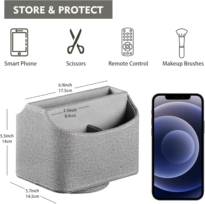 360° Rotating Remote Control Holder, PU Leather TV Remote Caddy Organizer Basket Storage Box with 5 Compartments for Pen, Pencil, Art Supplies, Makeup Brush, Office Desk Table Accessories