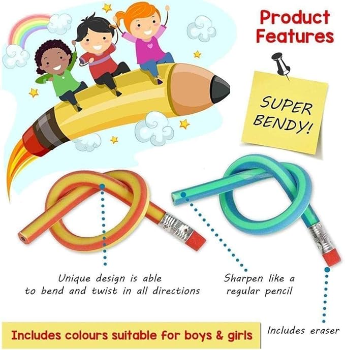 5Pcs colorful Stripe Soft Pencil Flexible Stationery Eraser Soft Writing Bendy Stu G9z8 Pencil Pens With Flexible,Wooden Lead Pencils,Not Easy to Break Office Products,Writing and Correction Supplies