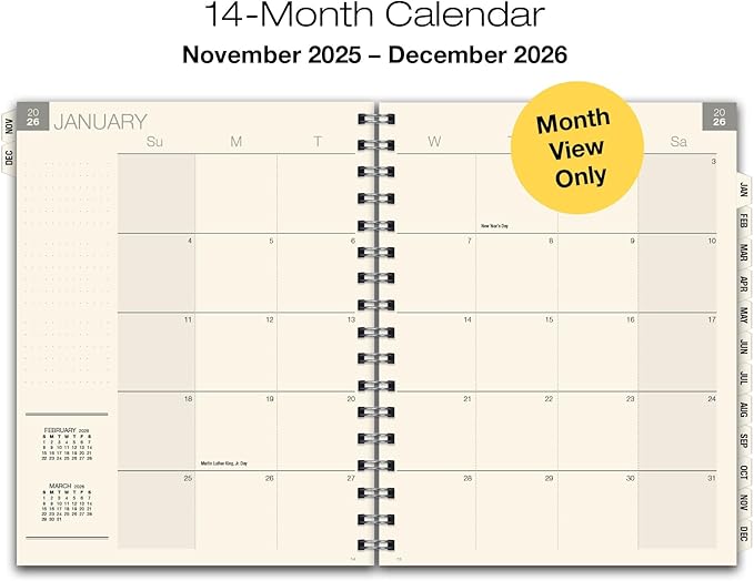ESSENTIAL 2026 Monthly Planner with Tabs, 8.5"x11": 14 Months (November 2025 - December 2026), Professional, Simple, Easy-to-Use Design and Frosted Poly Cover for Extra Protection (Frosted)