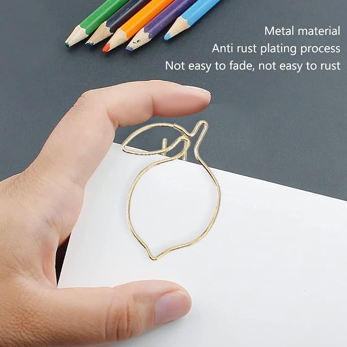 100Pcs Gold Lemon Shape Paper Clips - Iron Bookmark Clips for Office Home Use, Cute Design with Transparent Storage Box