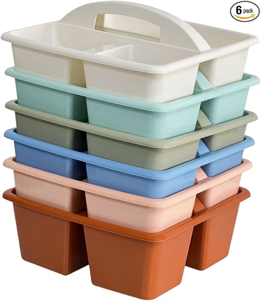 RAUVOLFIA Set of 6 Classroom Caddy, Small Plastic Storage Caddy with Handle for Classrooms, Kids Room and Office Organization, 3 Compartment (Boho)