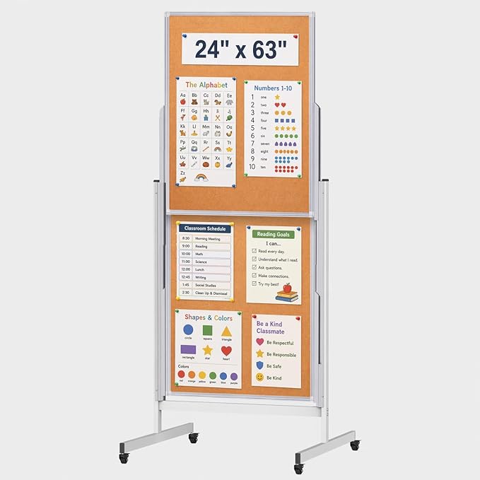 Rolling Whiteboard with Stand, 24x63 Double-Sided Magnetic Dry Erase Board & Cork Board, 4 Writing Surfaces, Adjustable Height Mobile White Board on Wheels for Home, Office, Classroom