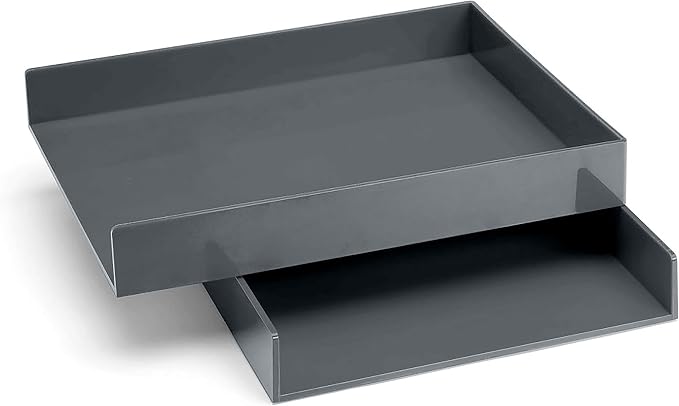 Poppin Super Stacked Desk Set - Dark Gray, Two Letter Trays, Accessory Tray, Silicone This + That Tray, Double-Compartment Pen Cup and 6 Signature Ballpoint Pens, Complete Office Organizer Set