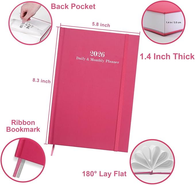 2026 Daily & Monthly Planner - 2026 Daily Planner One Page Per Day from January 2026 to December 2026, 5.8" x 8.3" Hourly Appointment Book Perfect Organizer Daily Life, Fabric Cover, Pink