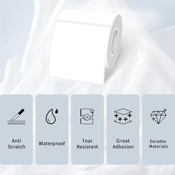 Square Thermal Labels Printer Stickers- 3" x 3", White Self-Adhesive Square Direct Thermal Labels Stickers, Waterproof/Perforation Line Design- 200 Sheets
