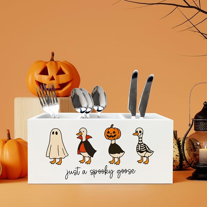 Halloween Gothic Goose Pen Holder for Desk, Spooky Funny Goose Wooden Box Sign Desk Decor for Home Office Decoration, Humorous Silly Geese Pencil Organizer, Gothic Halloween Decor