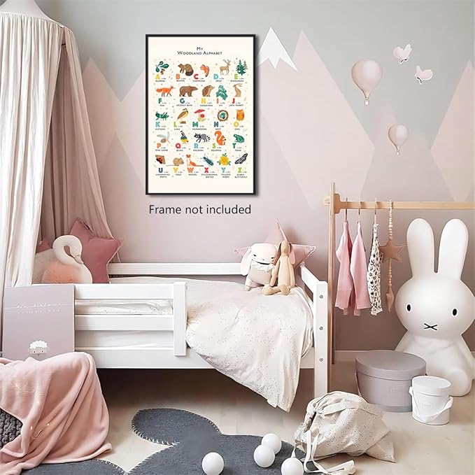 Alphabet Poster - Woodland Animal ABC Letters for Toddlers 1-3, Classroom & Nursery Wall Art, 12x16in Unframed