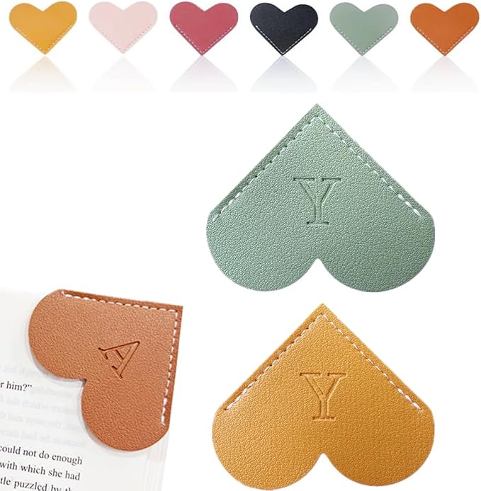 Personalized Leather Heart Bookmark, 26 Letters Customized Corner Book Mark for Reading Women, Book Marker with Initials，Cute Gifts (Green+Light Brown, Y)