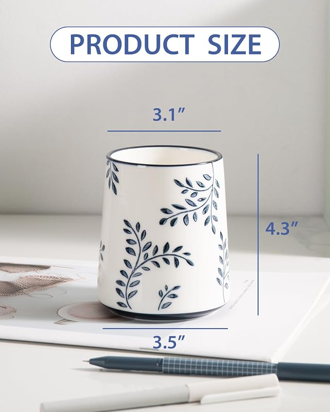 Pencil Holder for Desk, Ceramic Pen Holder, Blue and White Chinoiserie Desk Pen Organizer, Leaf