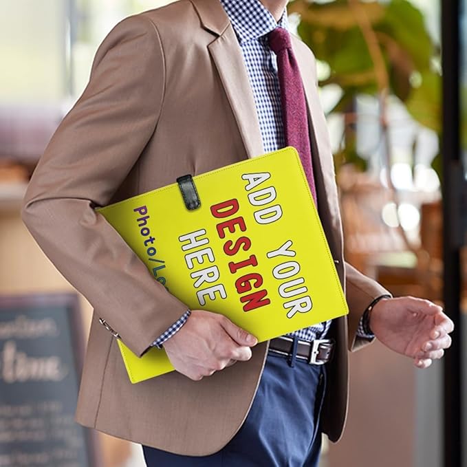 Professional Padfolio with Clipboard, Business Resume Portfolio Folder, Leather Notepad Portfolio Organizer with Logo Text Picture, Yellow