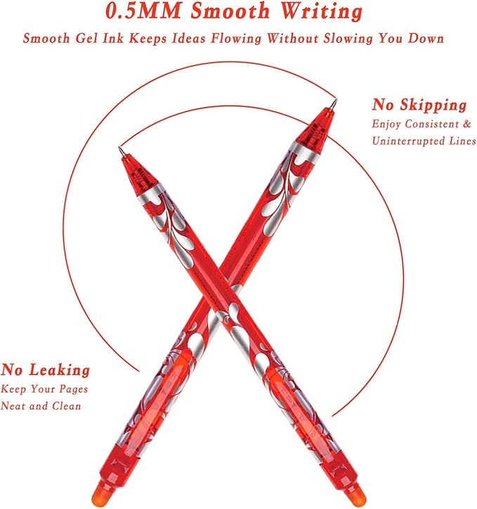 6Pcs Erasable Gel Pens Red Ink, 0.5mm Retractable Quick Dry Fine Point Pens, Smooth Writing Pens for Journaling, Coloring, Drawing, Doodling, Note Taking