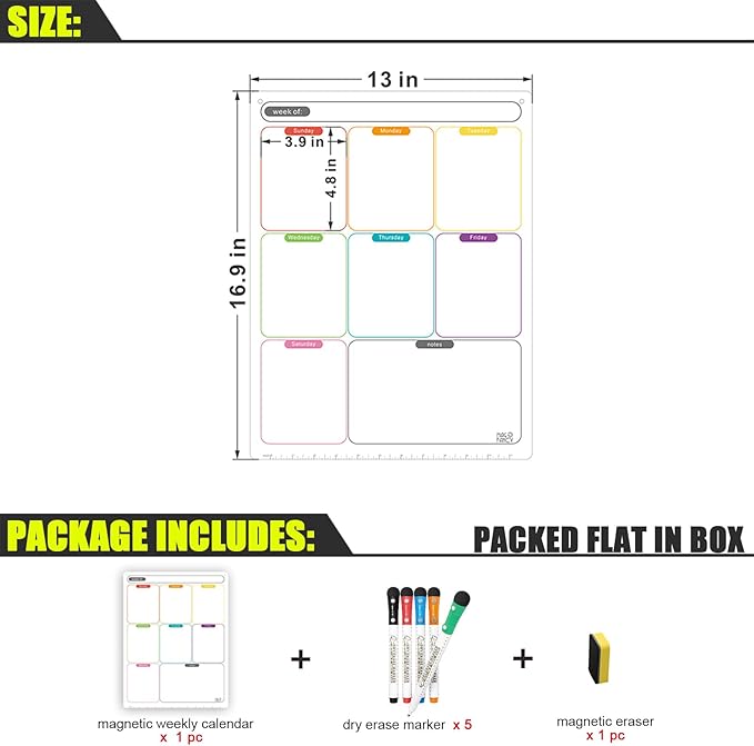 Mag-Fancy Vertical Magnetic Calendar for Refrigerator Set. Weekly Planner Dry Erase Fridge Calendar Whiteboard Menu Board - Thickened Magnet. Fine Marker & Organizers Reusable for Busy Home & Office