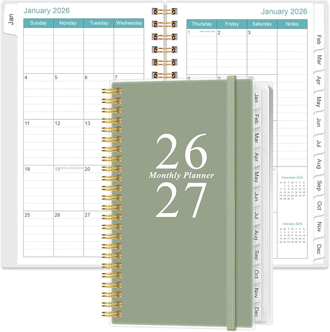 2026-2027 Monthly Planner - January 2026 - June 2027, Two Pages Per Month, 18 Monthly Calendar/Planner with Tabs, Strong Twin-Wire Binding, Inner Pocket, 3.75" x 6.5", Green
