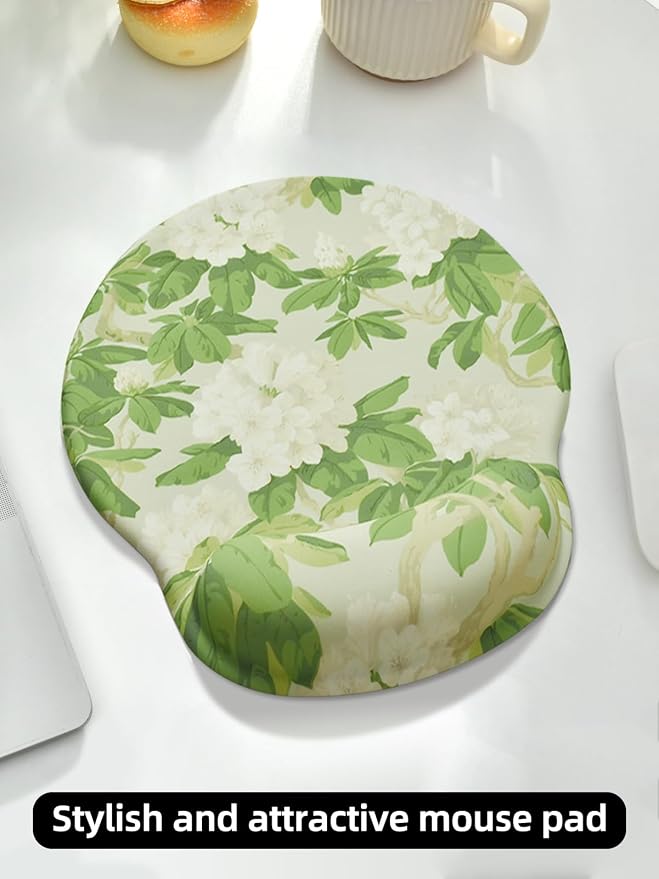 Lily Floral Mouse Pad Wrist Support Wrist Rest, Flower Ergonomic Mouse Pad with Non-Slip Base for Office Gaming Working Computers,Desk Accessories Pain Relief Mouse Mat, Flower Green