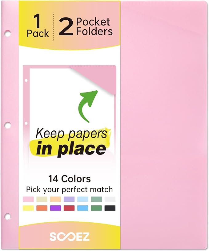 Sooez 2-Pocket Folders, Plastic Folders with Pockets 3 Hole Punched, 1 Pack Pockets Folder for 3 Ring Binder with Labels, Heavy Duty Binder Folder for Document, Letter Size File Folder,Pink