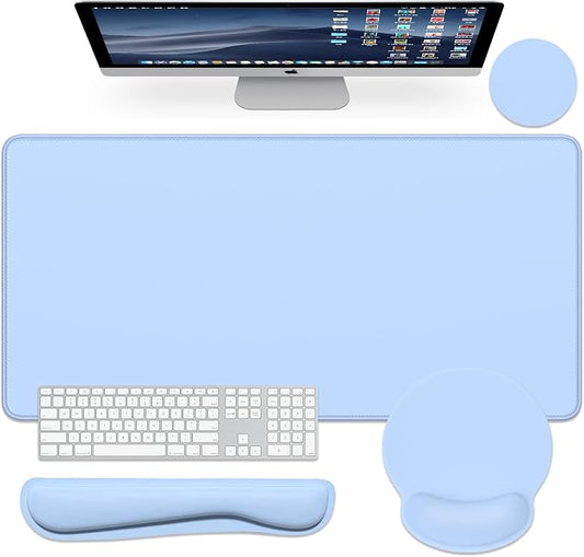 Dapesuom Large Gaming Mouse Pad, Mouse Pads with Wrist Rest Wrist Support, 4in1 Big XXL Desk Mat Desk Pad + Ergonomic MousePad + Memory Foam Keyboard Mat Wrist Rest + Coaster Set for Computer,Sky Blue