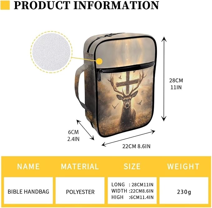 Suobstales Deer Cross Print Bible Cover Portable Carrying Book Case Multi-Functional Bible Case Bible Organizer Case with Handle and Zippered Back Pocket