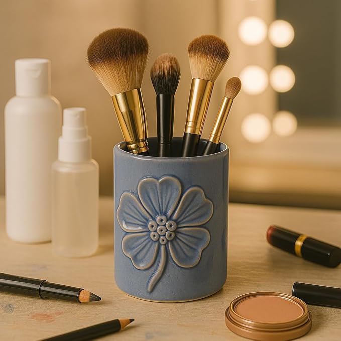 Floral Ceramic Desk Organizer for Workspace Decor - Unique Desktop Storage and Office Storage Accessory - Small Desk Cup Holder Complements Bedroom, Kitchen, Bathroom, or Home Decor - 4", Blue