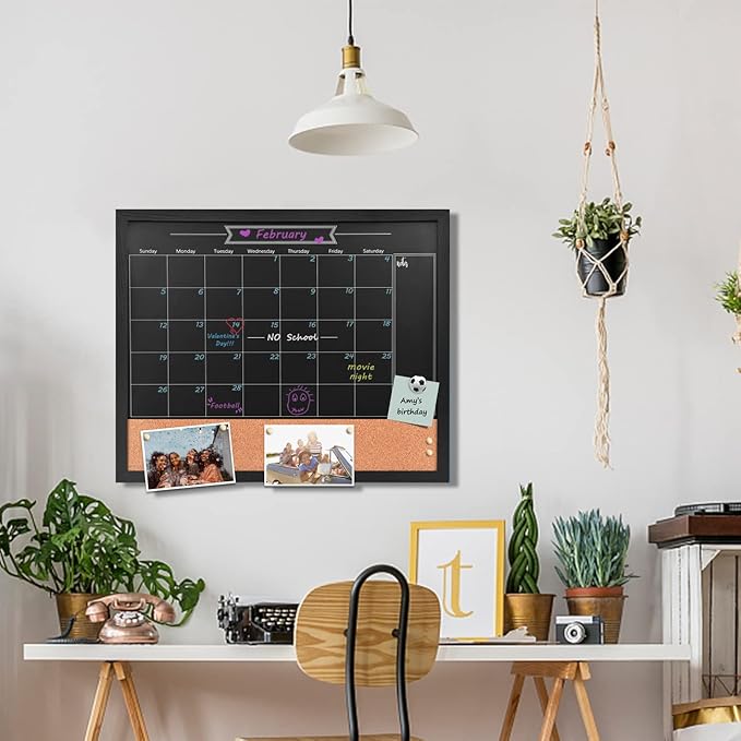 TORASO Magnetic Chalkboard Calendar Corkboard, 18" x 22" Combination Chalk Board Bulletin Board, Black Wood Framed Blackboard Calendar Cork Combo Board(ZHHB-BK-4555)
