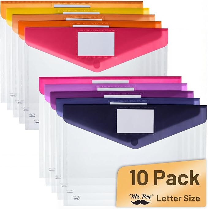 Mr. Pen- Clear Plastic Envelopes File Folders, 10 Pack, A4, Letter Size, Colorful Flaps, Clear Folders for Documents Plastic Poly Envelopes with Label for School, Home, Work, Office, Organizer