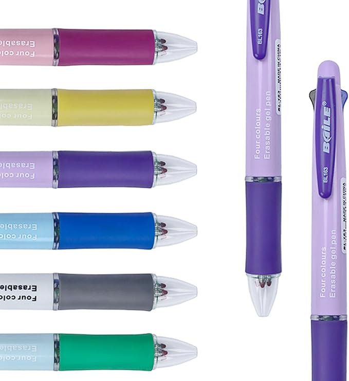 MROOFUL 6 Pcs 4 in 1 Multi-Coloured Ballpoint Pen Erasable Pens 0.5mm 4 Colours Retractable Ball Point Pen Multicolor Ink Pens with 10 Refills and 2 Eraser for Student Stationery Office Supplies