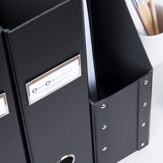 Bigso Fiona 3 Piece Fiberboard Upright Magazine Storage Boxes for Papers with Metal Label Holder - Durable Magazine File Holder for Office Desks - 3.3in x 10in x 12.4in - 3 Piece - White