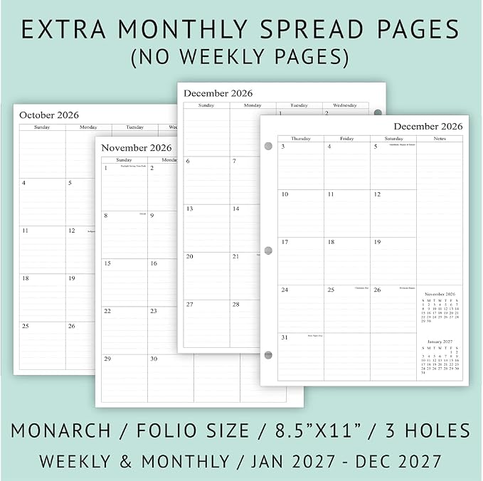 newestor 2027 Weekly Planner Refills for 3-Ring Binder with Monthly Tabs, Two Pages Per Week, 8-1/2" x 11", Folio Size 5 / Monarch