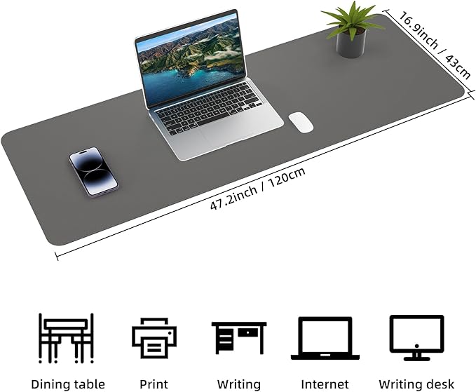 AFIING Leather Desk Pad Protector, 47" x 17" Large Desk Mat with Natural Cork & PU Leather, Mouse Pad, Non-Slip, Waterproof Desk Writing Pad for Office and Home (Dark Grey)