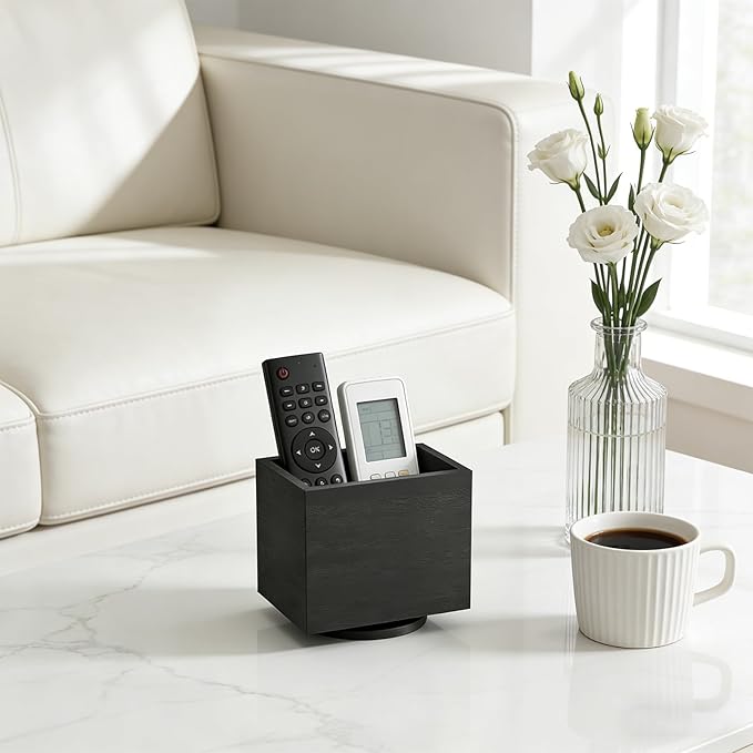 360° Rotating Remote Control Holder, Wooden TV Remote Holder for Table, Desk Organizer Caddy Media Storage Box Ideal for Living Room, Bedroom, Office Desk (Black)