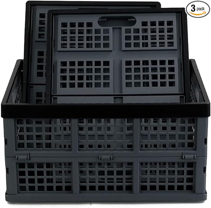 3-Pack 34 L Plastic Collapsible Storage Crates, Large Stackable Folding Storage Crates