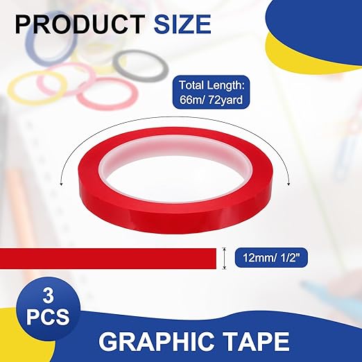 MECCANIXITY Whiteboard Tape 1/2" / 12mm Self Adhesive Graphic Chart Line Tape 72 Yard Grid Marking Stickers for Pinstripe Dry Erase Board Scrapbooking DIY Art Crafts, Red, Pack of 3