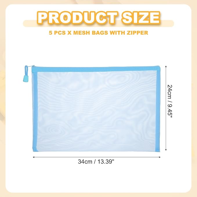PATIKIL A4 Mesh Zipper Pouch Bags, 5 PCS Mesh Bags with Zipper Plastic Storage Pocket for Organizing File Beads Office Home Supplies, 34x24cm, Blue