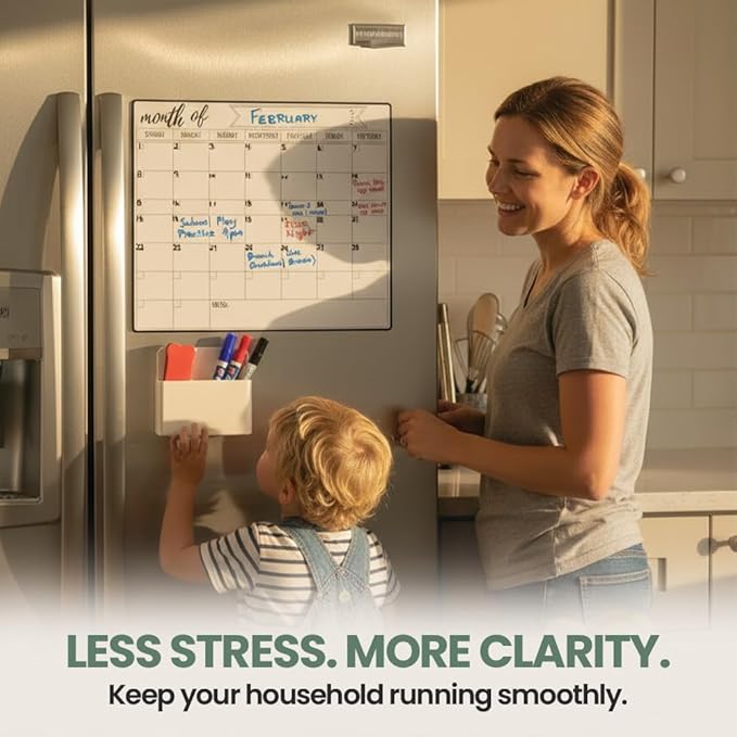 Magnetic Fridge Calendar 15” x 12” – Dry Erase Fridge Calendar with Full-Back Magnet, Monthly Refrigerator Planner Board with Magnetic Pen Holder, 6 Markers & Eraser, Reusable Kitchen Organizer