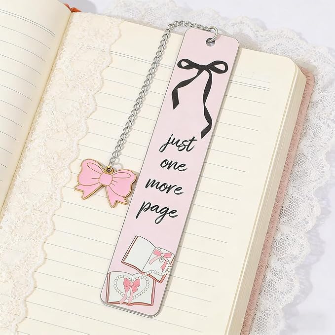 Pink Bowknot Stainless Steel Bookmark - Printed with Cute Bowknot Patterns & Equipped with Heart Pendants, Ideal for Female Readers, Perfect Birthday Gift for Girlfriends (Double-Sided A)