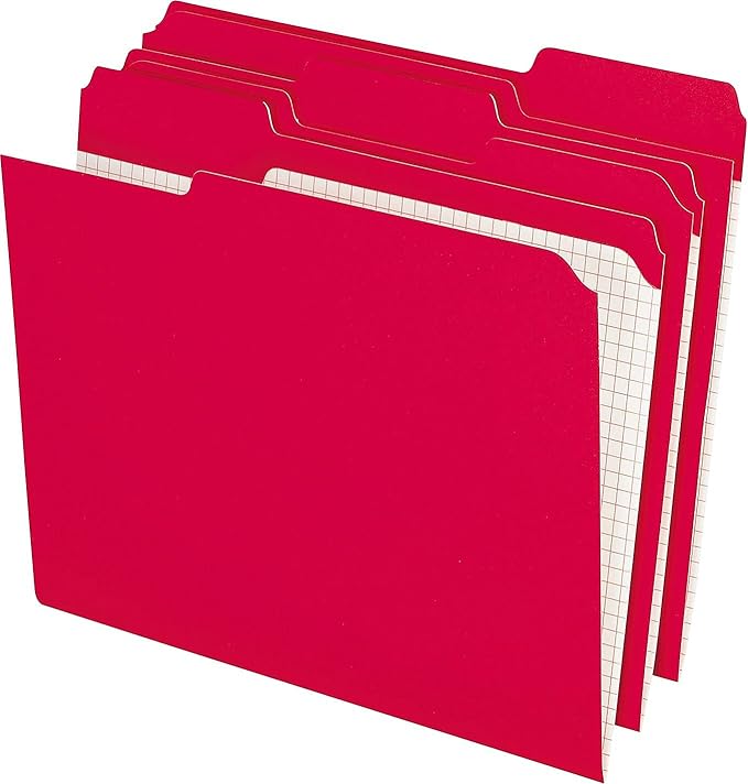 Pendaflex PFXR15213RED Color File Folders with Interior Grid, Letter Size, Red, 1/3 Cut, 100/BX (R152 1/3 RED)