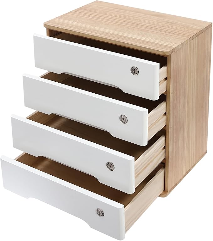 Lockable Desk Organizer Wooden Desktop Drawers Office Flat Files Storage Box Locking Countertop Storage Cabinet (Wood Color + White, 4-Tier)