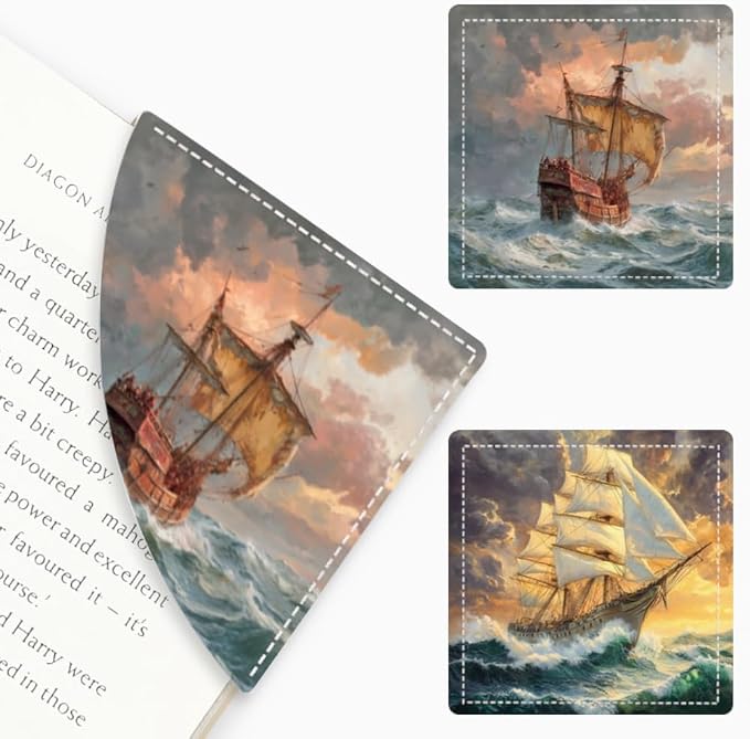 2PCS PU Leather Bookmarks 3.5x3.5 Inch Sailing Ship Ocean Design | PU leather bookmarks for books with watercolor sailing ship design for adventure novels, travel journals and ocean lovers.