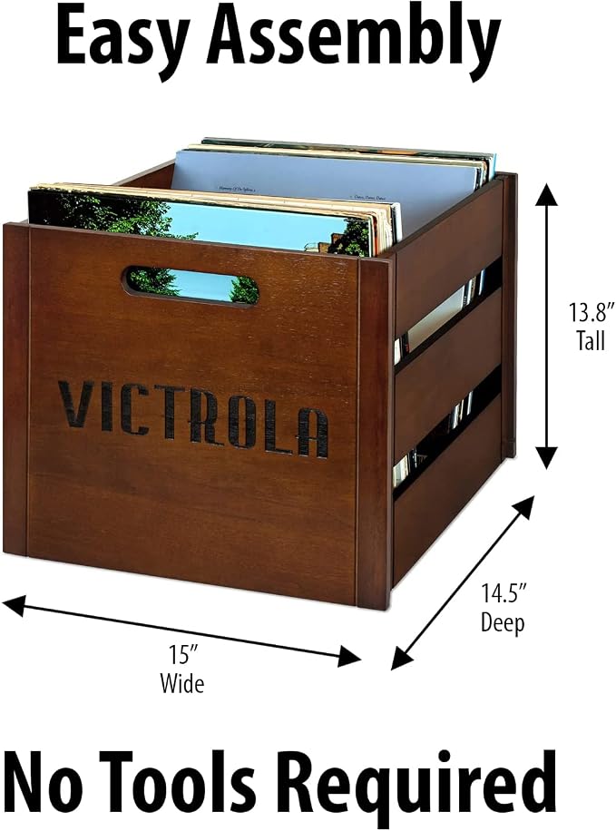Victrola Wooden Record Crate – Tabletop Vinyl Album Holder, No-Tool Assembly, Holds Over 50 Records, Real Wood Construction, Elegant Design (Espresso)