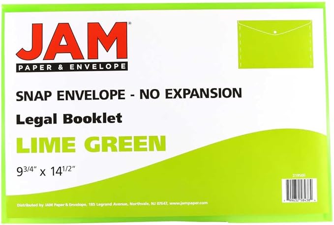 JAM PAPER Plastic Envelopes with Snap Closure - Legal Booklet - 9 3/4 x 14 1/2 - Lime Green - 12/Pack