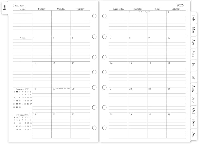 2026 Monthly Planner Refill, A5 Medium Size Planner Inserts for 7 Ring, 5.5" x 8.5", Jan. 2026 - Dec. 2026, 12 Monthly Calendars with Laminated Tabs, 7-Hole Punched