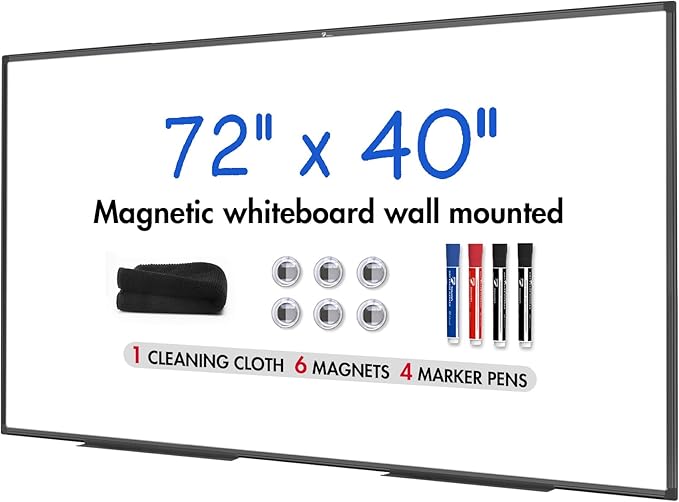 TOWON Magnetic Dry Erase Board, 72 x 40 in White Board Dry Erase, Aluminum Framed Whiteboard for Wall, Large Dry Erase Board Wall Mounted with Markers, Pen Tray, Magnets, Cleaning Wipe, Black Border