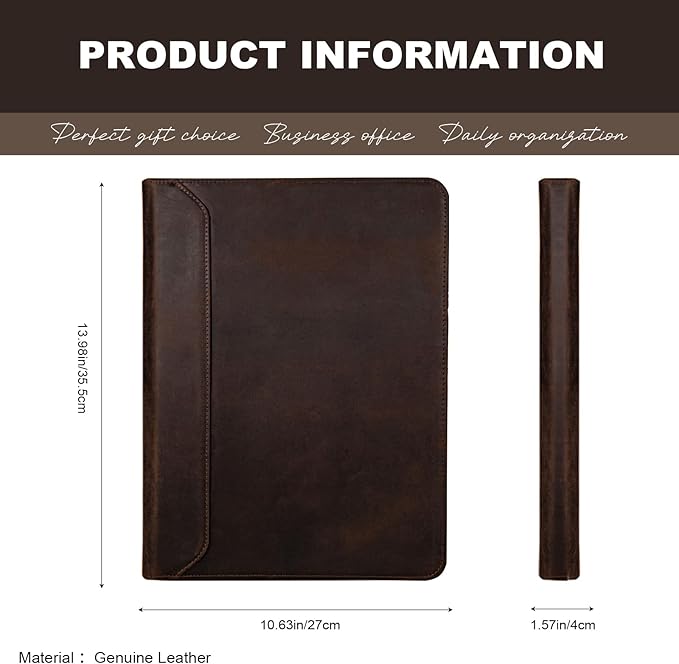 AZXCG Genuine Leather Portfolio Binder for Men& Women,Padfolio Organizer with Zipper,Padfolio Folder for iPad Pro 12.9/ Letter Size Notepad,Business Executive Gift for Men,Gift for Valentine's Day
