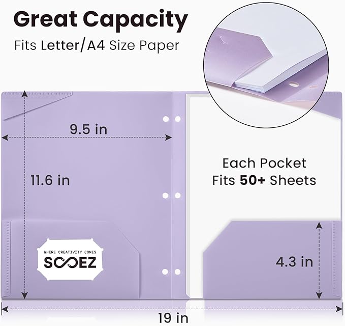 Sooez 2-Pocket Folders, Plastic Folders with Pockets 3 Hole Punched, 1 Pack Pockets Folder for 3 Ring Binder with Labels, Heavy Duty Binder Folder for Document, Letter Size File Folder,Smoky Purple