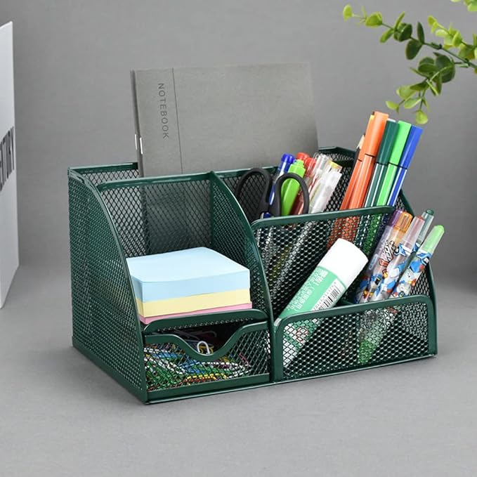 Green Desk Organizer Mesh Drawer Storage Accessories with 6 Compartments and Drawer, Desktop Caddy Storing Stationery Trinkets Cosmetics Jewelry Electronic Gadgets for Workspace Classsroom