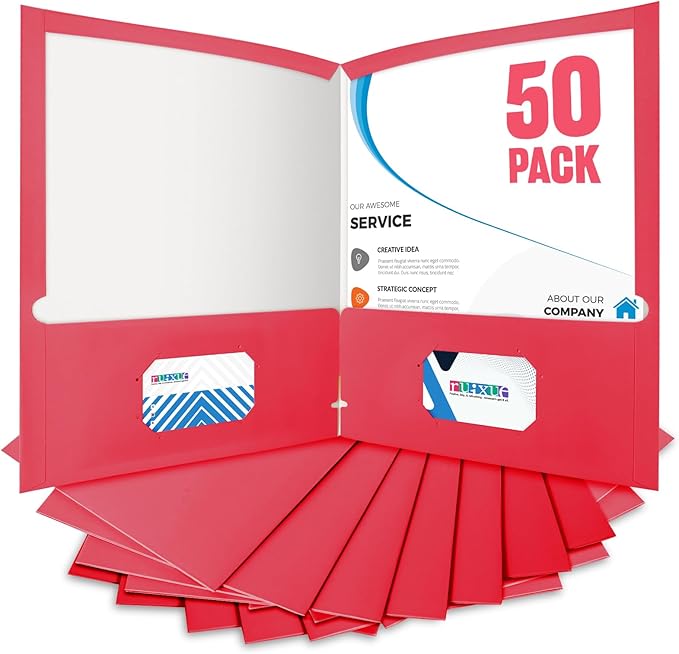 BIBRADAA® 50 Packs Red Folders with Pockets,2 Pocket Folders Surface with Waterproofing,Letter Size,Holds 100 Plus Sheets,for School,Office,Business. (50, Red)