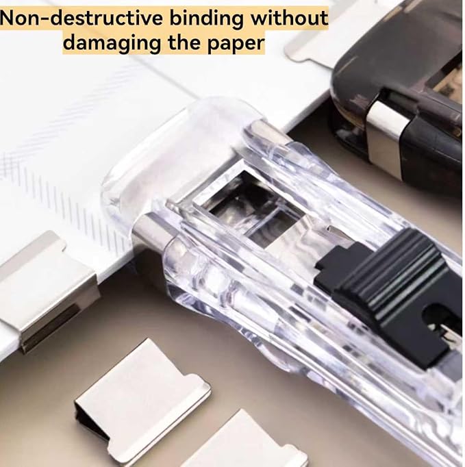 Portable Binder Clip Stapler Mini-Includes 58 Reusable Clips, Reusable Desktop Stapler with Clip Dispenser，Mini Push Stapler Clamp Staplers for Desktop Document Home School Desk (2PCS B)